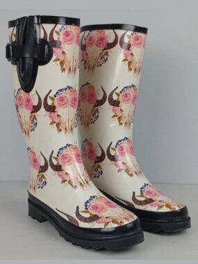 M&F Western Danielle Brown Blazin Roxx Women's 6 Bull Skull Floral Rubber Boots